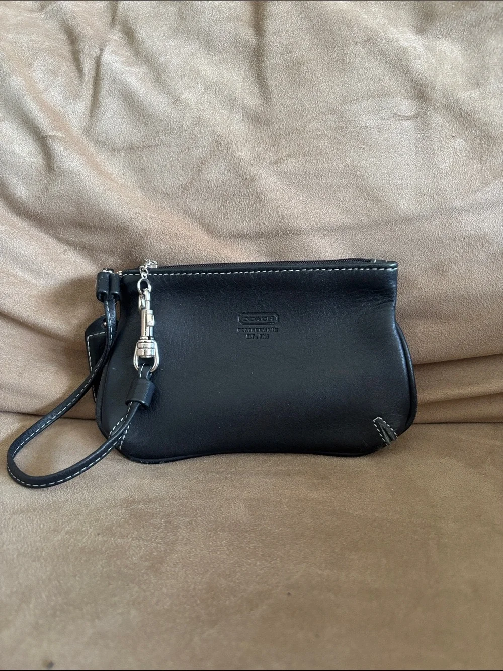 Coach Black Leather Wristlet with Silver Hardware